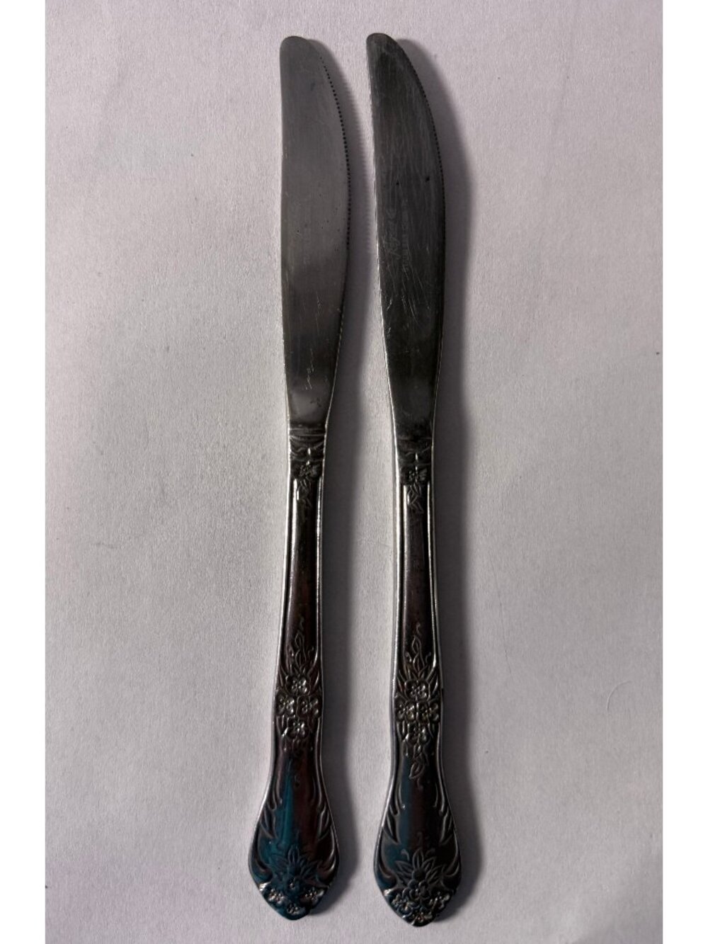 F B Rogers Floral Stainless Dinner Knives Pair China Raised Rose Handles